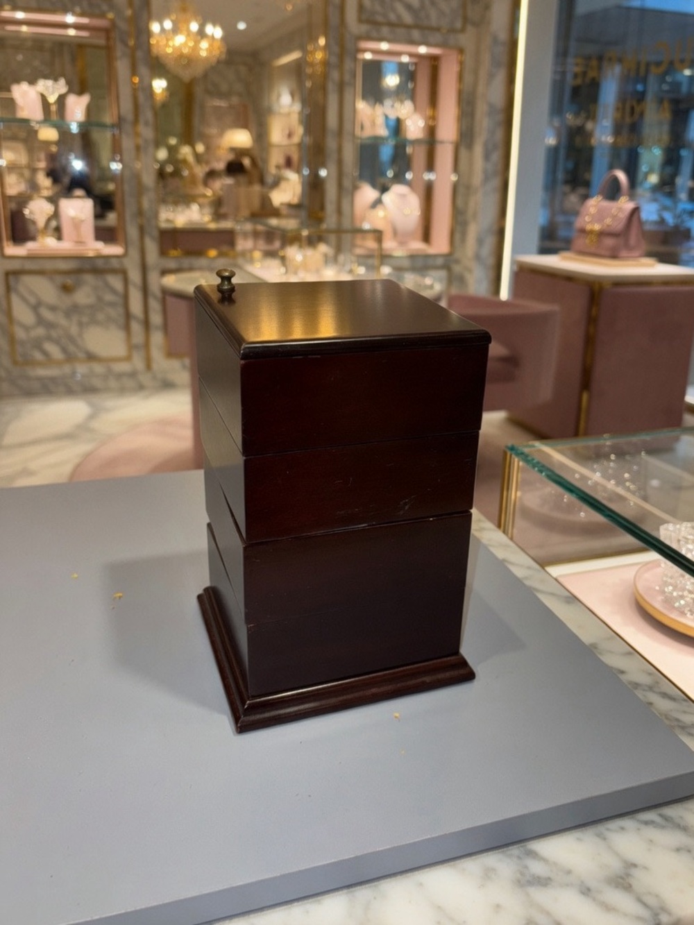 Dark Brown Wood Jewelry Box with Gucci Monogram Lining - Picture 4 of 4